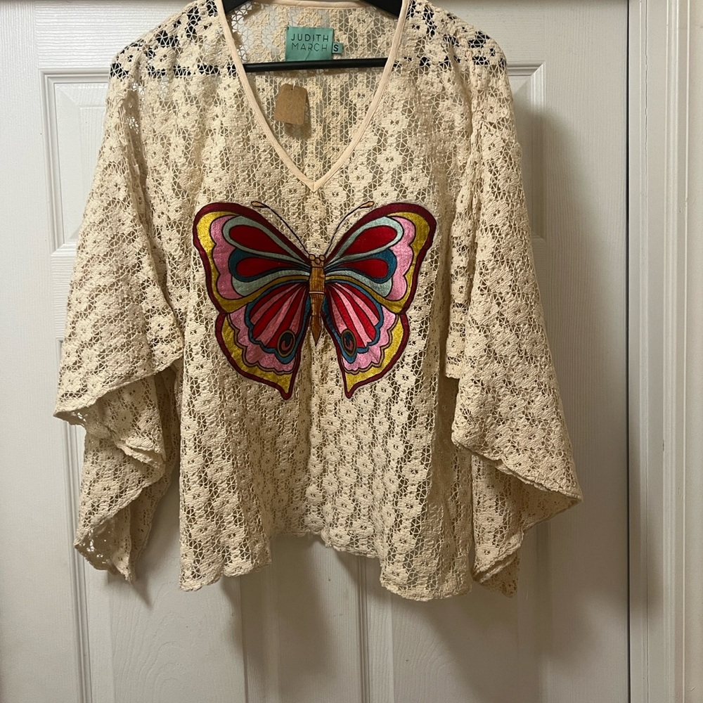 Judith March Cream Crochet Tunic with Multicolor Embroidered Butterfly Boho